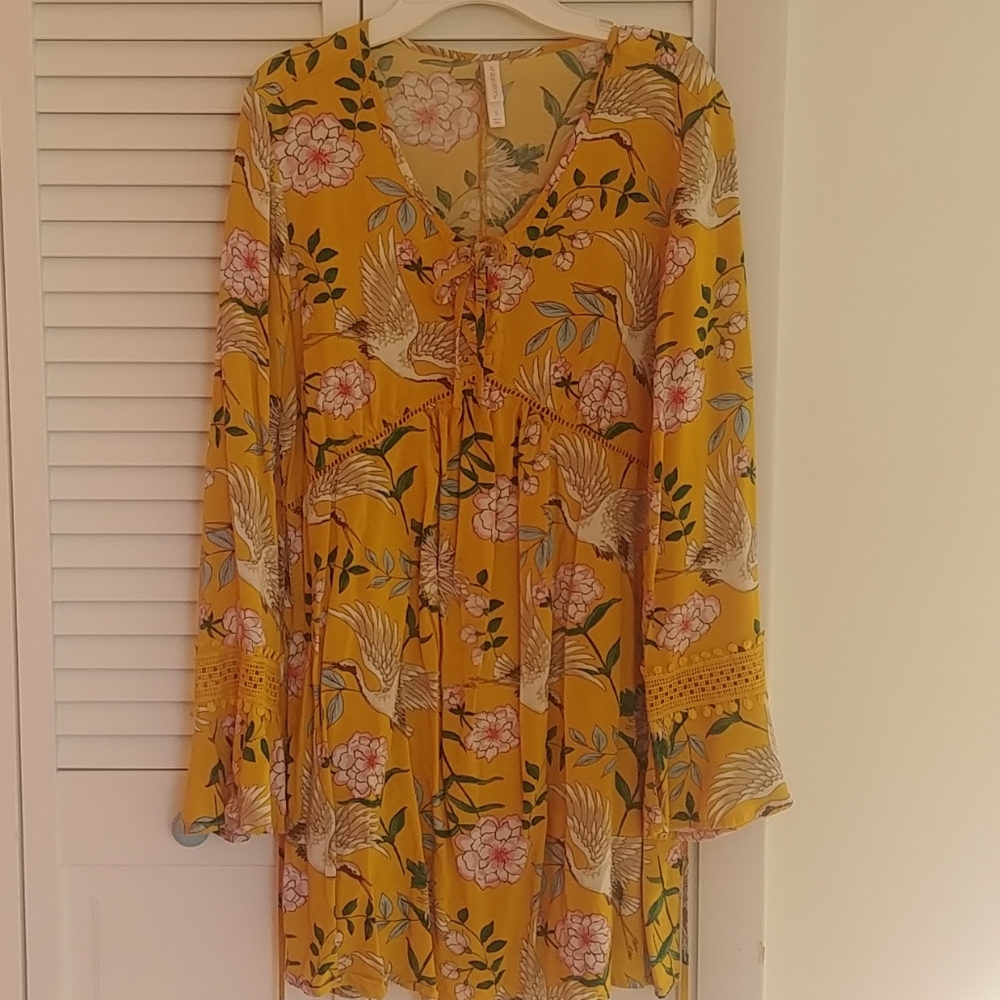 Yellow bird floral print day dress